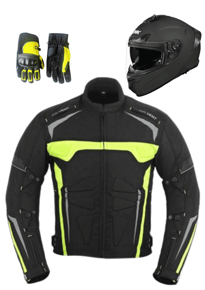 Startpakke LETT-MC  Gul/fluor. Jakke, hansker og hjelm
